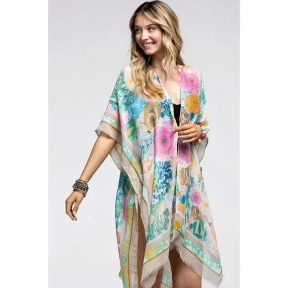 Beige Floral Print Contrast Border Spring Summer Kimono Open Wrap Coverup Top - Picture 1 of 5